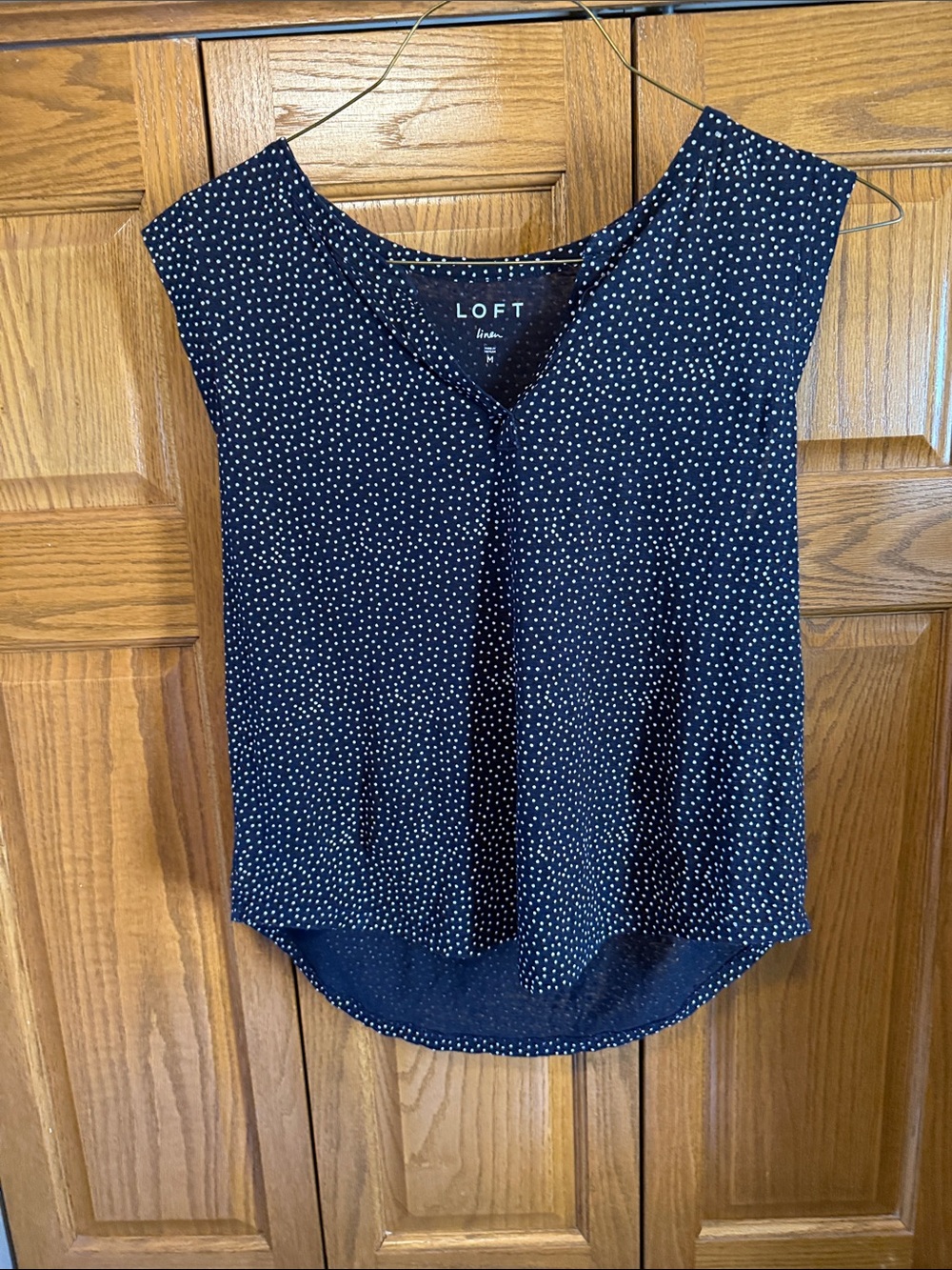 LOFT Linen Navy Sleeveless V-Neck Polka Dot Camisole- Medium